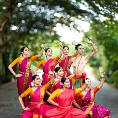 My Chithkala Ensemble and I, ready to present "Tyāgarāja Hṛt Sādana." This image captures the scale and vibrant energy of our group productions, where we come together to create a grand theatrical experience.