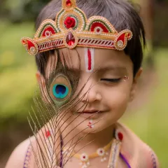 Children's photoshoots are pure joy. For this Janmashtami theme, we captured this little one's innocent expression as Krishna, using a peacock feather to create a unique and artistic composition that families will treasure.