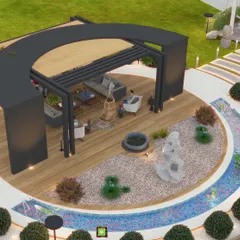 An overhead view of the Palwal project render. This angle clearly shows the layout, including the curved pergola, the wooden deck, the gravel garden with a water feature, and the surrounding mosaic-tiled channel.