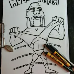 The next step is inking. Here, I've gone over the pencil sketch with bold black markers to create clean, strong lines for the Hulk Hogan piece.
