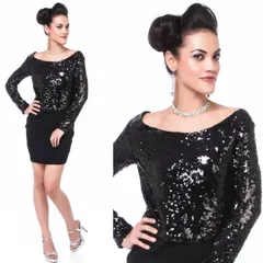 A classic party look featuring a sequined top, shot for an e-commerce catalogue. The styling and lighting are set up to appeal to customers looking for evening wear.