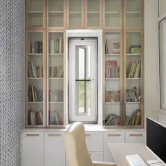 This is the final look of the study nook, built around a window to maximize natural light. The floor-to-ceiling library provides ample book storage, with a mix of glass-fronted and closed cabinets in a two-tone finish.