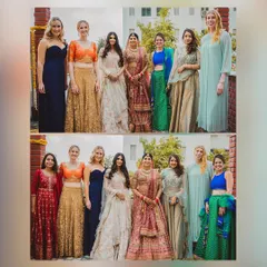 A group photo of the bride with her diverse group of friends and bridesmaids from different cultural backgrounds.