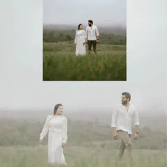 A creative collage that uses layering to convey the misty, rainy atmosphere of this romantic outdoor shoot.