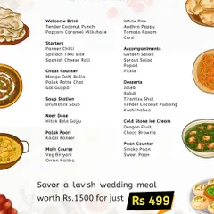 An example of the extensive menu offered at one of my wedding food expos. For a nominal price, you can savor a lavish meal and experience the quality I offer.