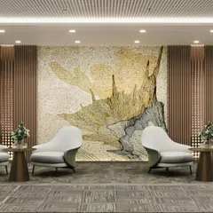 We designed this corporate lobby to make a powerful first impression. The space is defined by a stunning, large-scale mosaic art piece, flanked by symmetrical wood paneling and elegant, modern seating, establishing a sophisticated and welcoming tone for visitors.