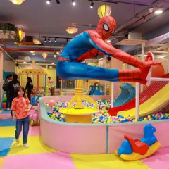Spider-Man makes a grand entrance over the ball pit. We can arrange for your child's favorite characters to make their party truly epic.