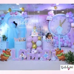 A closer look at the details from Lahari's Cinderella party. We included character cutouts of her favorite mice, a personalized name block, and a castle backdrop to complete the fairy tale scene.