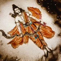 "Jai Sia Ram." A vibrant sand art piece of Lord Ram, created for Ram Navmi. The use of color in his attire and the celestial background creates a powerful and devotional image.
