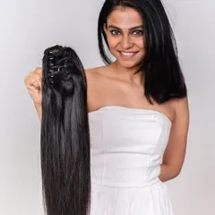 This is our clip hair clutch ponytail, an easy way to get a long, full ponytail in seconds. It's made from real human hair, so you can style it to match your own.