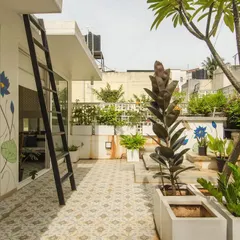 This urban terrace is treated as an outdoor room, complete with potted trees, patterned tile flooring, and curated murals. It's a space designed for light and life, where architecture takes a backseat to the vibrant greenery.
