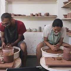A typical day for us at the studio, both working side-by-side on our respective pottery wheels. This is our dream, and we're so happy to share it.
