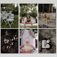 This collage showcases the key elements of a modern engagement party I planned. It includes the guest seating, the main stage, a custom cake, and personalized initial decor, all tied together with a consistent theme.