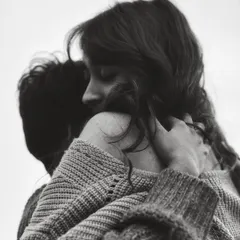 A different angle from the same intimate embrace, focusing on her serene expression. This highlights how even a small shift in perspective can tell a slightly different emotional story.