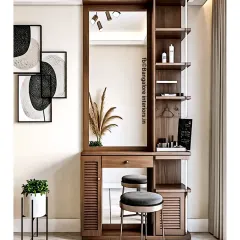 A functional and elegant dressing table unit we designed. It includes a large mirror with integrated lighting, open shelves for easy access to products, and closed cabinets for concealed storage.