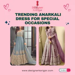 A look at trending Anarkali dresses for special occasions. This image features a dusty blue Anarkali with gold embroidery and a lavender one with intricate silver work.