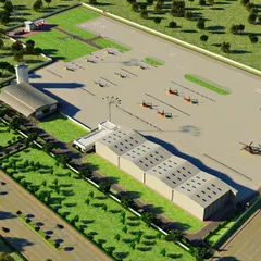 An aerial 3D master plan of the heliport complex. This view shows the layout of the hangars, parking bays for helicopters, the main terminal, and surrounding green landscaping, demonstrating our capability in large-scale site planning and aviation infrastructure design.