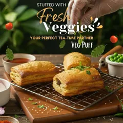 This is our classic Veg Puff, baked to golden perfection. The flaky, buttery pastry gives way to a warm filling of freshly chopped and seasoned vegetables, making it the perfect partner for your afternoon tea.