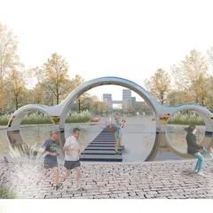 A key feature of my proposal for Kharkiv’s Freedom Square is this sculptural water bridge. It serves as both a playful public art piece and a functional pedestrian crossing, embodying the project's goal of integrating art, nature, and community activity.