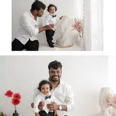 A father and his son, dressed in matching crisp white shirts. These portraits are filled with smiles and warmth, capturing a beautiful moment of connection in a clean and timeless style.