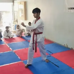 A student demonstrates a precise Poomsae (form) during his black belt test. This test is the culmination of years of dedicated practice.