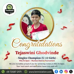 A huge congratulations to Tejaswini Ghodvinde, the Singles Champion (U-12 Girls) at the MSLTA Open Mumbai District Tournament. Your hard work has paid off!