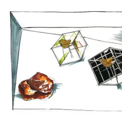 A colored concept sketch, bringing the ideas of past, present, and future to life. This rendering helps define the materials and mood for each component of the installation.