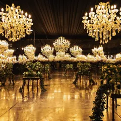 A reception hall transformed into a celestial dreamscape with a galaxy of cascading crystal chandeliers. I design immersive environments that create a sense of wonder and opulence for you and your guests.