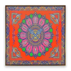 A full view of the beautifully framed scarf. The floater frame style allows the textile's colors and patterns to take center stage, transforming it from an accessory into a captivating art piece.