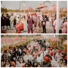 We capture the scale of the Baraat procession from multiple angles. These images show the groom on a horse, surrounded by a sea of dancing family and friends in colorful turbans.
