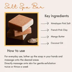 An educational graphic on our Salt Spa Bar. It highlights key ingredients like Himalayan Pink Salt and Mango Butter, with instructions for use.