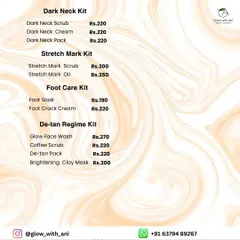 This menu shows my kits for targeted body concerns. You can find sets for a Dark Neck, Stretch Marks, Foot Care, and a complete De-tan Regimen.