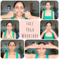 A collage from my Face Yoga workshop, showcasing various exercises that tone and rejuvenate facial muscles.