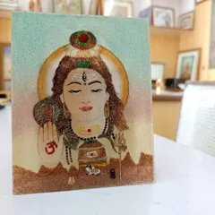 In this portrait, I sought to capture the serene and meditative power of Lord Shiva. Using a subtle gradient of natural stone colors, I highlighted his divine attributes like the third eye and the crescent moon. This piece is crafted to be a focal point for contemplation and to bring a sense of calm strength to its surroundings.