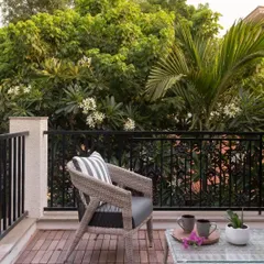 Another view of the comfortable and stylish outdoor chair, perfect for enjoying a morning coffee on the deck.