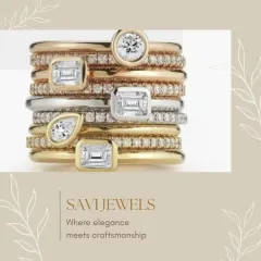 Redesigning allows for creativity with different diamond cuts. This stacked ring set was created using a client's existing stones, including emerald, pear, and round brilliant cuts, set in a mix of yellow and white gold for a modern, personal piece.