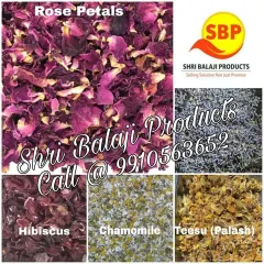 A collage showing some of the beautiful dried flowers I supply, including rose petals, hibiscus, chamomile, and lavender. These are essential for making herbal soaps, bath salts, and botanical candles.