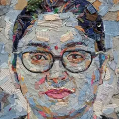 Our collection features innovative artists who push creative boundaries. This stunning portrait is crafted entirely from discarded denim scraps, turning waste into a textured, expressive masterpiece and showcasing our commitment to sustainable and unique art forms.