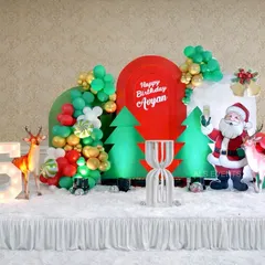A fun twist on a December birthday with this Christmas theme for Avyan. The stage features Santa and his reindeer, Christmas trees, and a festive red and green color scheme.