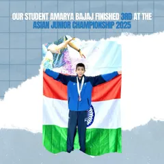 Amarya Bajaj with the Indian flag after finishing 3rd at the Asian Junior Championship. A huge achievement, and we are a proud academy.