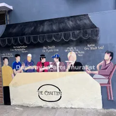 A fun mural for a chai cafe, bringing together famous movie characters from across Indian cinema who all have one thing in common: a love for tea!
