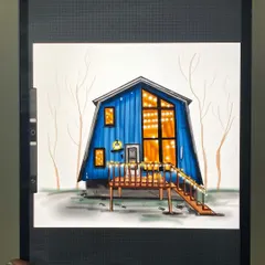 A cozy blue cabin illustrated digitally on my iPad. I focused on creating a warm, inviting glow from the windows, contrasting with the cool blue of the house and the bare winter trees.