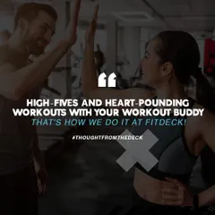 High-fives and heart-pounding workouts with your workout buddy. That's how we do it at FitDeck. Teamwork makes the dream work.