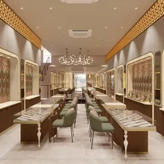 Another render of the jewellery showroom, highlighting the custom display niches and the warm, inviting lighting scheme. Our goal was to create a space that feels both opulent and comfortable for browsing.