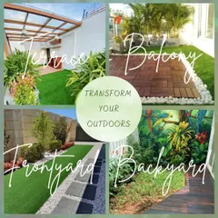 We can transform any of your outdoor spaces. This collage shows examples of our work on terraces, balconies, front yards, and backyards, showcasing our ability to bring beauty to every corner of your property.