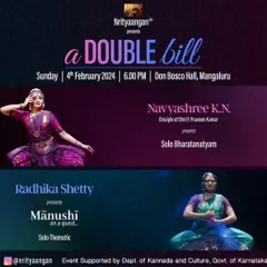 The official poster for 'A Double Bill' event in Mangaluru, where I was honored to present a solo Bharatanatyam recital.