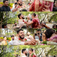 The fun and games of a South Indian wedding. Suhaashini and Preetham's garland exchange was full of laughter and friendly competition, a beautiful candid moment.