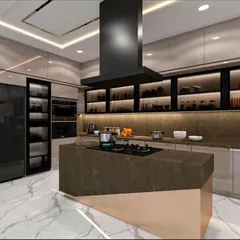 The kitchen is the heart of the home, and we design it to be both beautiful and highly functional. This modern kitchen features an island with an integrated cooktop, sleek cabinetry with under-cabinet lighting, and state-of-the-art appliances, creating a perfect environment for culinary creativity.