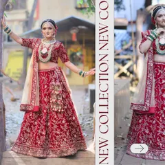 This vibrant red velvet lehenga is adorned with detailed embroidery, making it a perfect choice for the main wedding ceremony. The craftsmanship ensures you look and feel magnificent.
