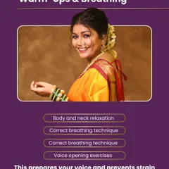 The first step in my vocal training is always warm-ups and breathing. This infographic shows how we prepare your body and voice, using relaxation and correct breathing techniques to prevent strain and build a strong foundation for your singing.